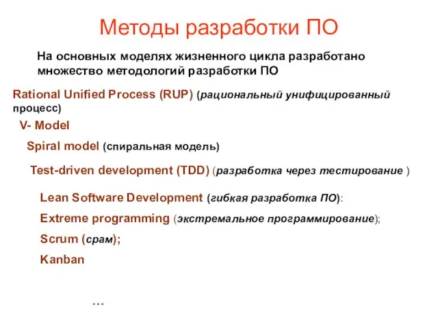 Методы разработки ПО На основных моделях жизненного цикла разработано множество методологий