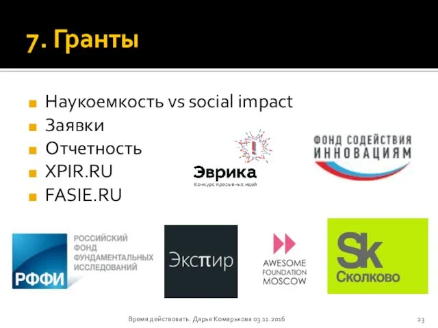 7. Гранты Наукоемкость vs social impact Заявки Отчетность XPIR.RU FASIE.RU Время действовать. Дарья Комарькова 03.11.2016