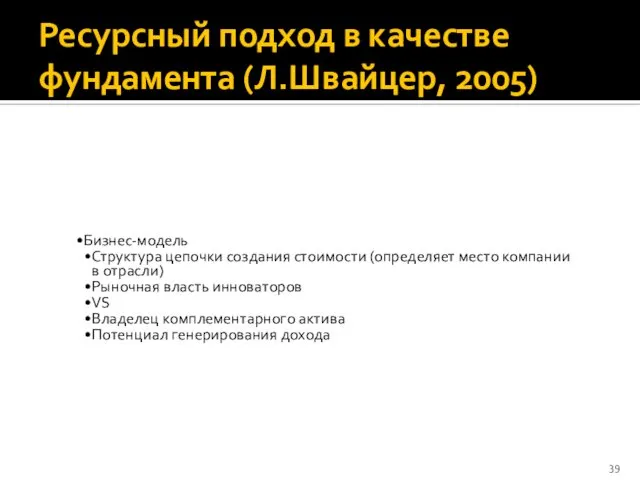 Ресурсный подход в качестве фундамента (Л.Швайцер, 2005) Бизнес-модель Структура цепочки создания