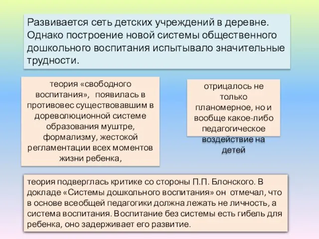 Развивается сеть детских учреждений в деревне. Однако построение новой системы общественного