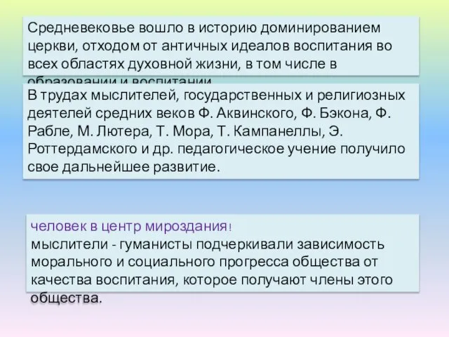 Средневековье вошло в историю доминированием церкви, отходом от античных идеалов воспитания