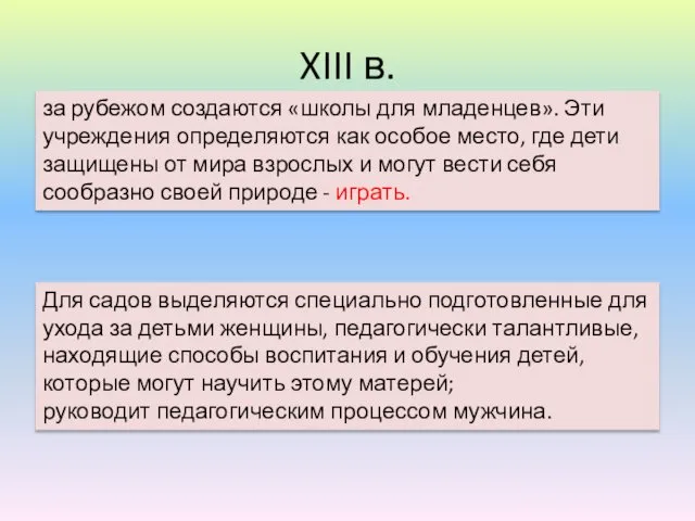 XIII в. Для садов выделяются специально подготовленные для ухода за детьми