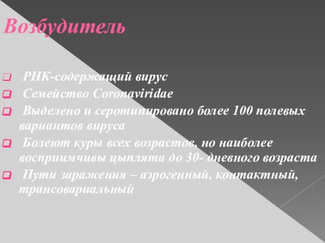 Возбудитель РНК-содержащий вирус Семейство Coronaviridae Выделено и серотипировано более 100 полевых