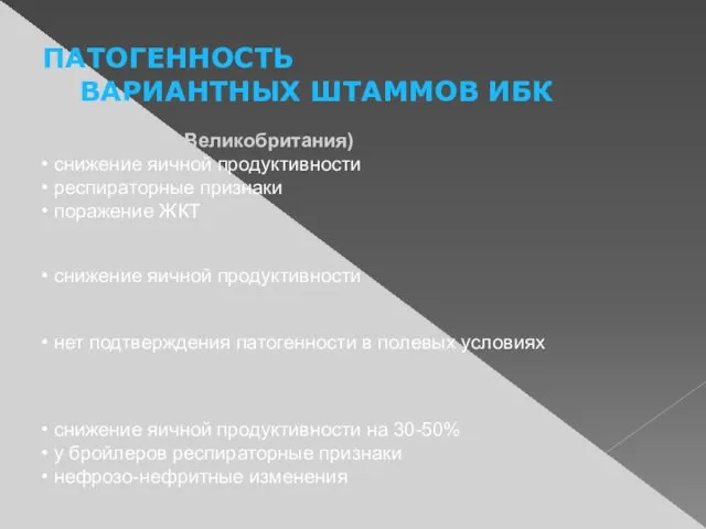 ПАТОГЕННОСТЬ ВАРИАНТНЫХ ШТАММОВ ИБК 793 В (1991 г., Великобритания) снижение яичной