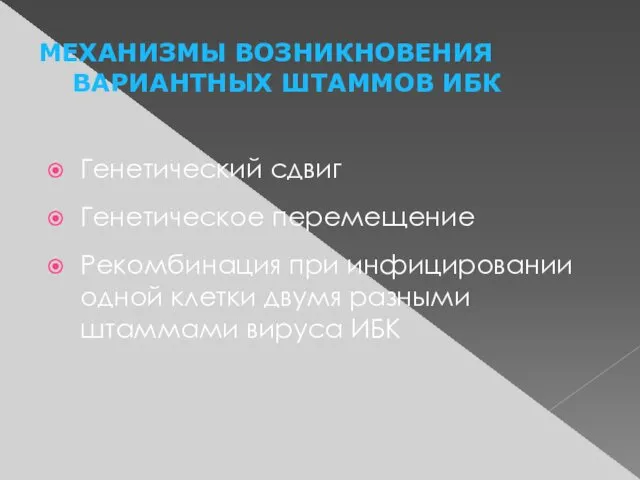 МЕХАНИЗМЫ ВОЗНИКНОВЕНИЯ ВАРИАНТНЫХ ШТАММОВ ИБК Генетический сдвиг Генетическое перемещение Рекомбинация при