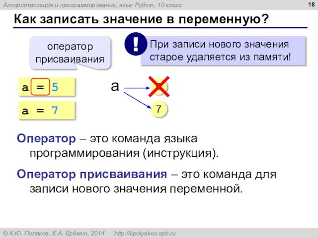 Как записать значение в переменную? a = 5 оператор присваивания 5