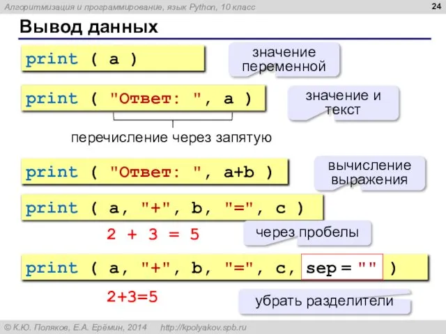 Вывод данных print ( a ) значение переменной print ( "Ответ: