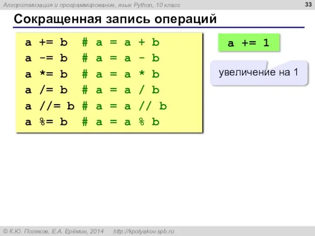 Сокращенная запись операций a += b # a = a +