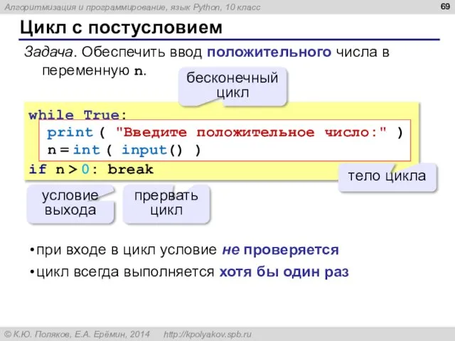 Цикл с постусловием while True: if n > 0: break условие