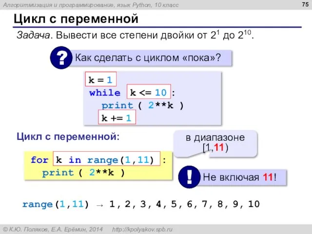 Цикл с переменной Задача. Вывести все степени двойки от 21 до