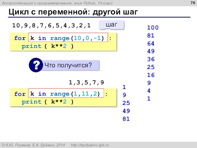 Цикл с переменной: другой шаг 100 81 64 49 36 25