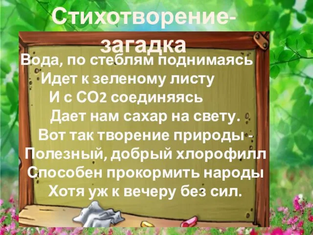 Стихотворение-загадка Вода, по стеблям поднимаясь Идет к зеленому листу И с