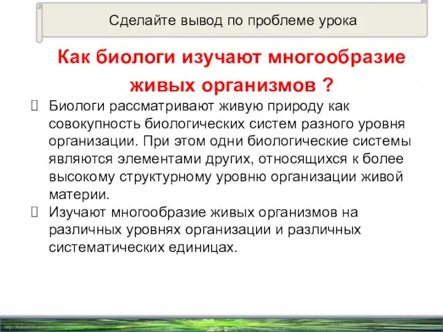 Сделайте вывод по проблеме урока Биологи рассматривают живую природу как совокупность