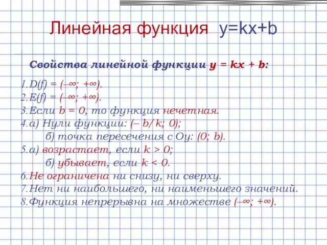 Линейная функция y=kx+b Свойства линейной функции y = kx + b: