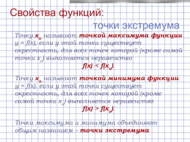 Свойства функций: точки экстремума Точку хо называют точкой максимума функции y