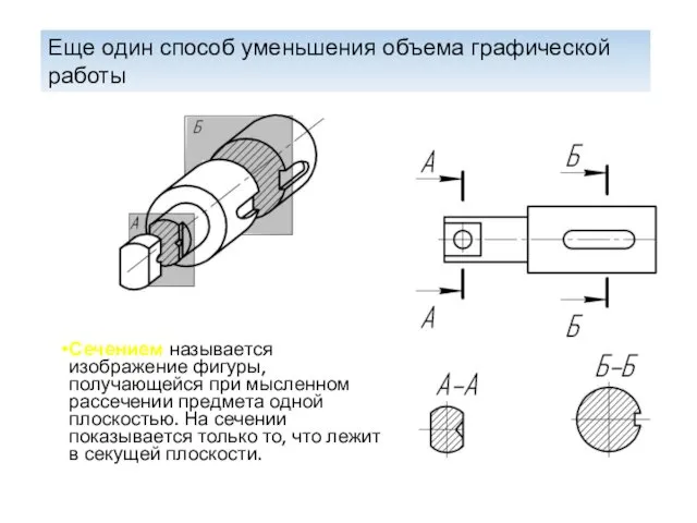 Сечением называется изображение фигуры, получающейся при мысленном рассечении предмета одной плоскостью.