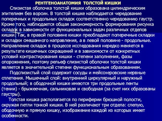 Слизистая оболочка толстой кишки образована цилиндрическим эпителием без ворсин. В толстой