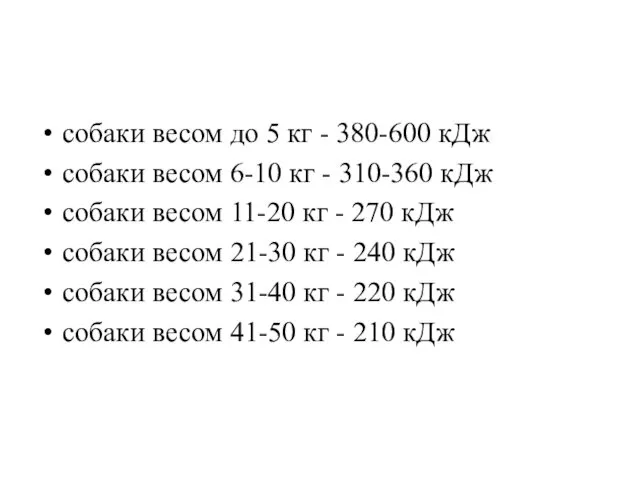 собаки весом до 5 кг - 380-600 кДж собаки весом 6-10