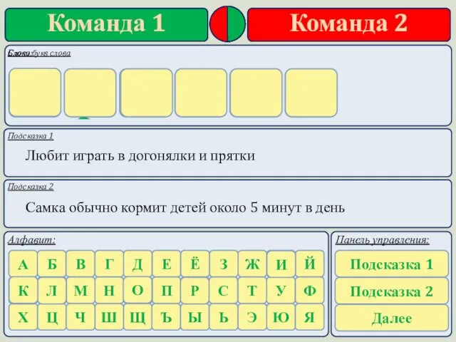 Подсказка 1 Подсказка 2 Любит играть в догонялки и прятки Самка