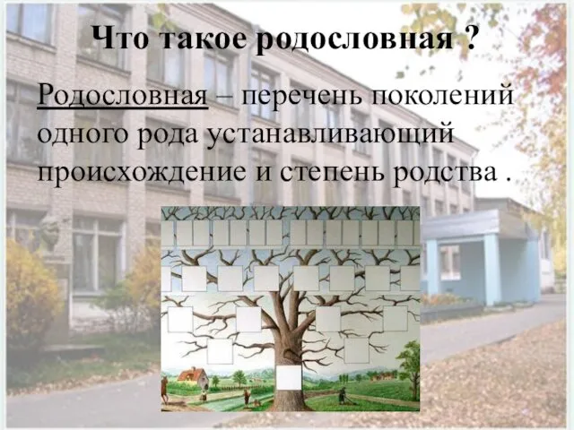 Что такое родословная ? Родословная – перечень поколений одного рода устанавливающий происхождение и степень родства .