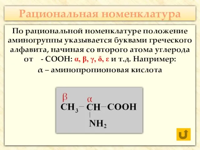 Рациональная номенклатура По рациональной номенклатуре положение аминогруппы указывается буквами греческого алфавита,