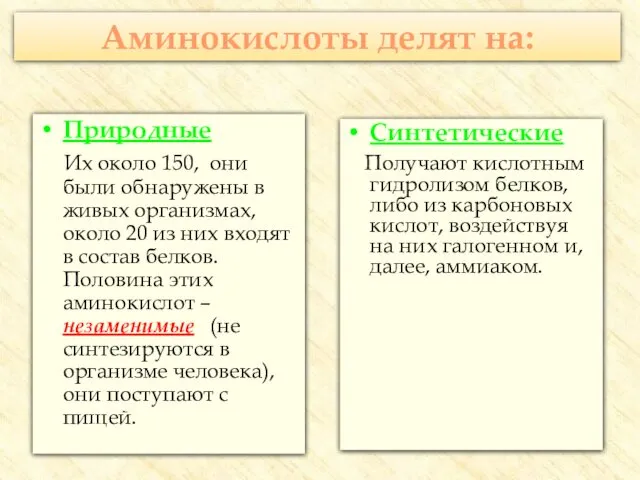 Аминокислоты делят на: Природные Их около 150, они были обнаружены в