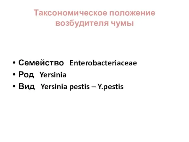 Таксономическое положение возбудителя чумы Семейство Enterobacteriaceae Род Yersinia Вид Yersinia pestis – Y.pestis