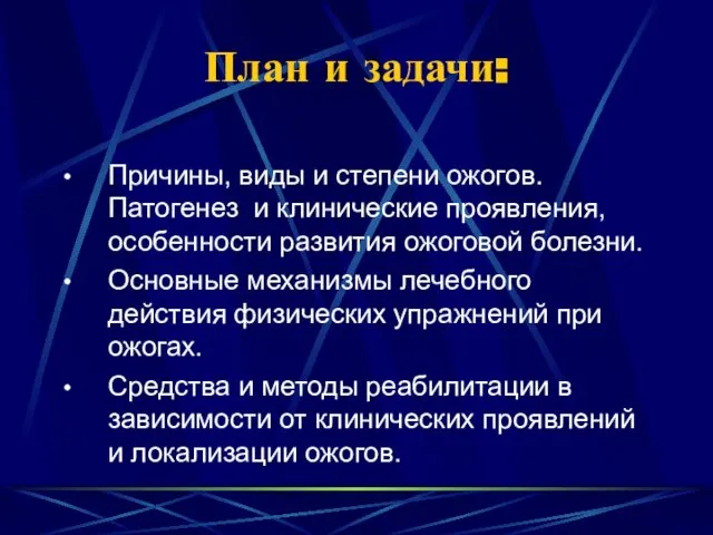 План и задачи: Причины, виды и степени ожогов. Патогенез и клинические