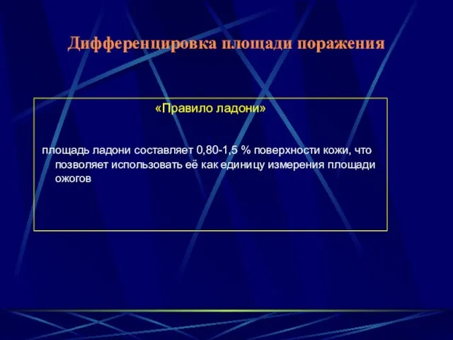 Дифференцировка площади поражения «Правило ладони» площадь ладони составляет 0,80-1,5 % поверхности