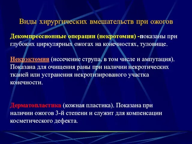 Виды хирургических вмешательств при ожогов Декомпрессионные операции (некротомия) -показаны при глубоких