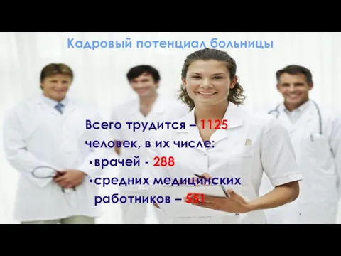 Кадровый потенциал больницы Всего трудится – 1125 человек, в их числе: