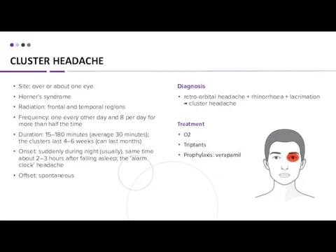 CLUSTER HEADACHE Diagnosis retro-orbital headache + rhinorrhoea + lacrimation → cluster