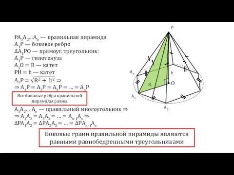 PA1A2…An — правильная пирамида А1Р — боковое ребро ΔА1РО — прямоуг.