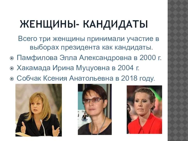 ЖЕНЩИНЫ- КАНДИДАТЫ Всего три женщины принимали участие в выборах президента как