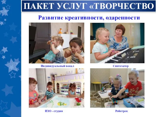 ПАКЕТ УСЛУГ «ТВОРЧЕСТВО + » Развитие креативности, одаренности Индивидуальный вокал Синтезатор ИЗО - студия Роботрек