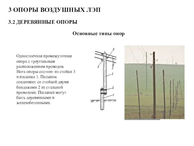 3 ОПОРЫ ВОЗДУШНЫХ ЛЭП 3.2 ДЕРЕВЯННЫЕ ОПОРЫ Основные типы опор Одностоечная