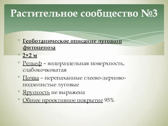 Геоботаническое описание лугового фитоценоза 2×2 м Рельеф – водораздельная поверхность, слабокочковатая