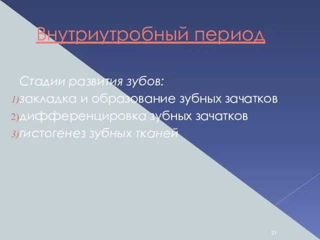 Внутриутробный период Стадии развития зубов: закладка и образование зубных зачатков дифференцировка зубных зачатков гистогенез зубных тканей