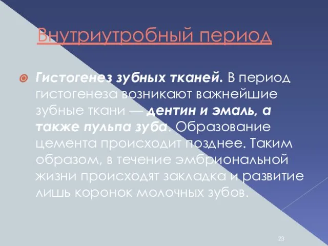 Внутриутробный период Гистогенез зубных тканей. В период гистогенеза возникают важнейшие зубные