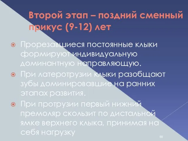 Второй этап – поздний сменный прикус (9-12) лет Прорезавшиеся постоянные клыки