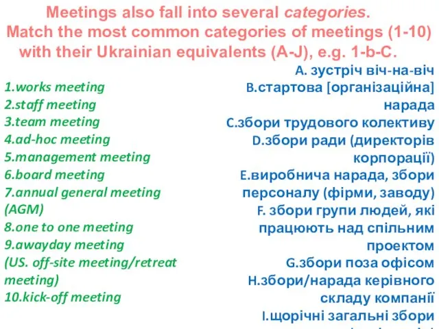 Meetings also fall into several categories. Match the most common categories