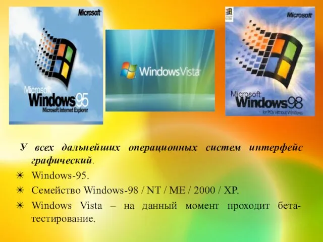 У всех дальнейших операционных систем интерфейс графический. Windows-95. Семейство Windows-98 /