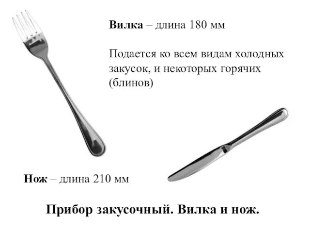 Прибор закусочный. Вилка и нож. Нож – длина 210 мм Вилка