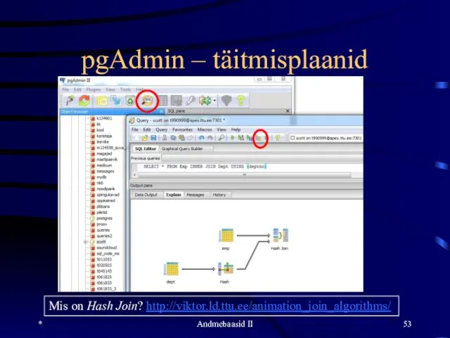 pgAdmin – täitmisplaanid * Andmebaasid II Mis on Hash Join? http://viktor.ld.ttu.ee/animation_join_algorithms/