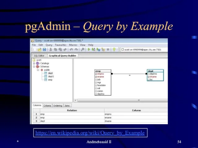 pgAdmin – Query by Example * Andmebaasid II https://en.wikipedia.org/wiki/Query_by_Example