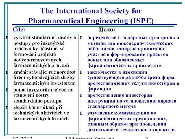 02/2003 J.Moninec: Správná inženýrská praxe The International Society for Pharmaceutical Engineering