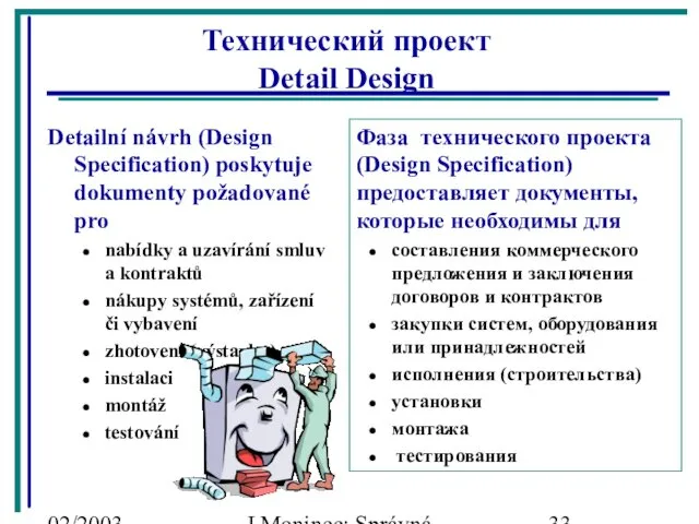 02/2003 J.Moninec: Správná inženýrská praxe Фаза технического проекта (Design Specification) предоставляет