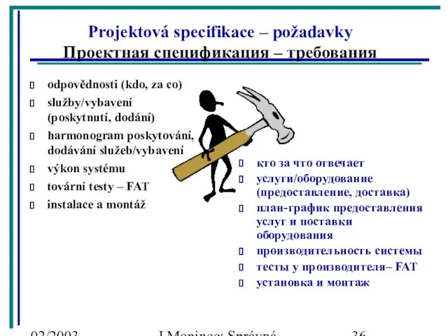 02/2003 J.Moninec: Správná inženýrská praxe Projektová specifikace – požadavky Проектная спецификация