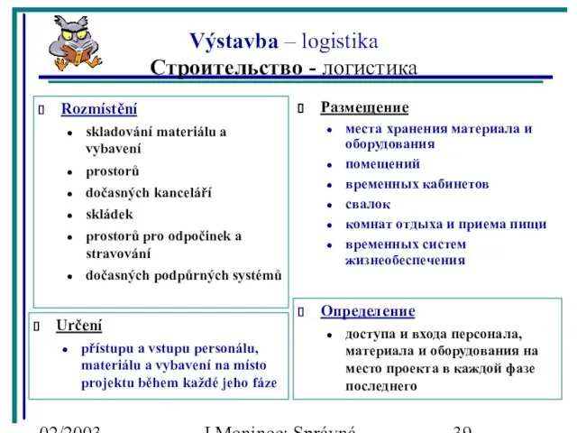 02/2003 J.Moninec: Správná inženýrská praxe Výstavba – logistika Строительство - логистика