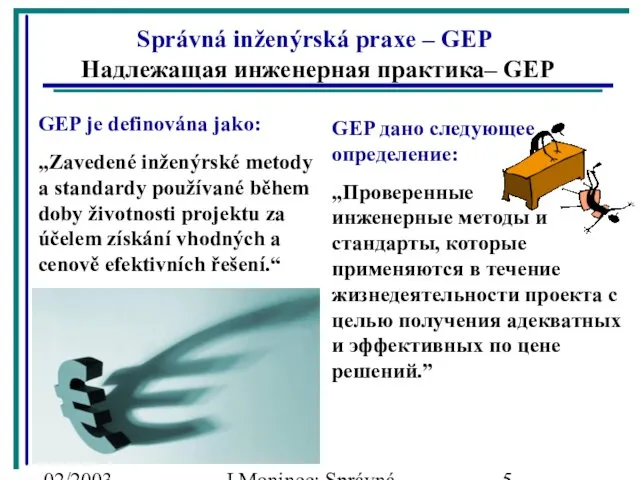 02/2003 J.Moninec: Správná inženýrská praxe GEP дано следующее определение: „Проверенные инженерные